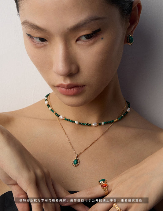 925 Sterling Silver Tiger’s Eye and Malachite Necklace